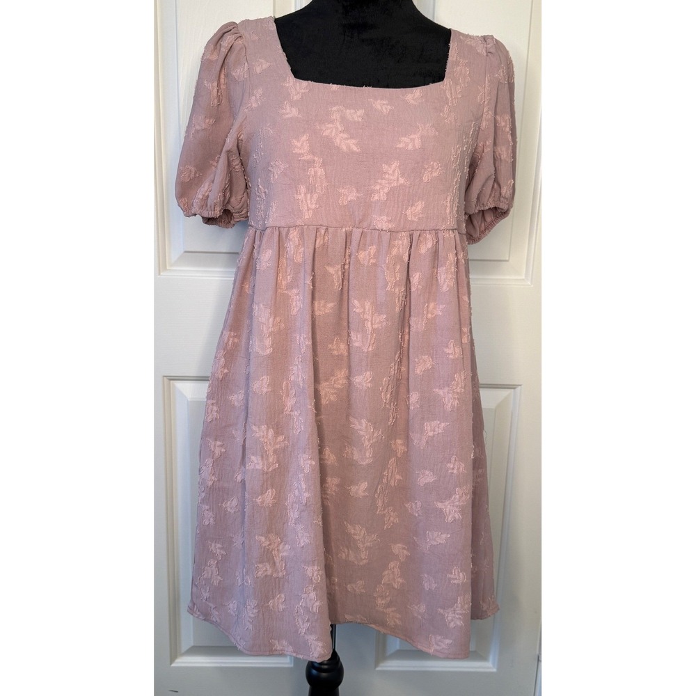 Ces Femme Mauve Pink Floral Jacquard Puff Sleeve Tie Back Mini Dress Size M NWOT